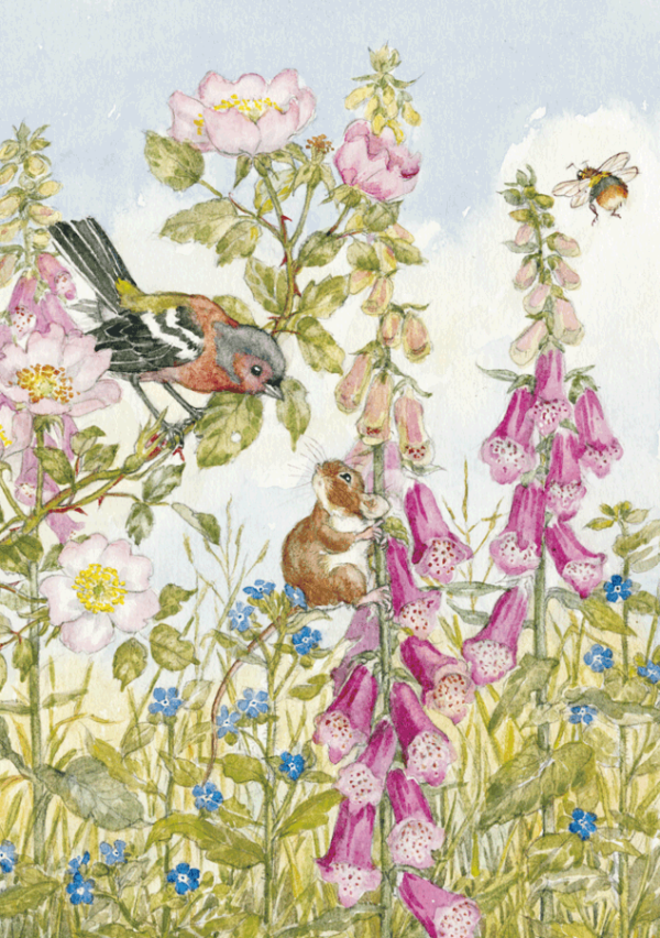 Chaffinch Field Mouse, Foxgloves and Bee 
