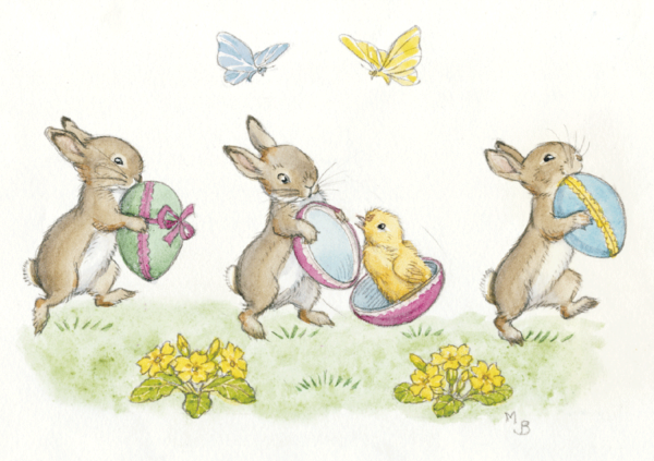 Three Rabbits with Easter Eggs 