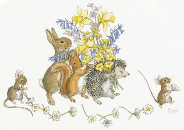 Rabbit, Squirrel, Hedgehog with a Bouquet of Springflowers 