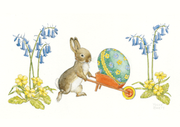Rabbit pushing a decorated Easter Egg in a Wheelbarrow 