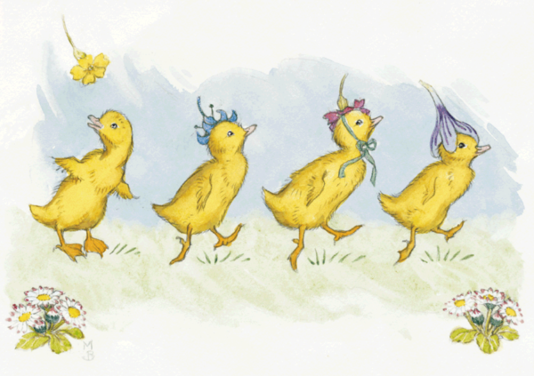 Four Ducklings wearing Flowers 