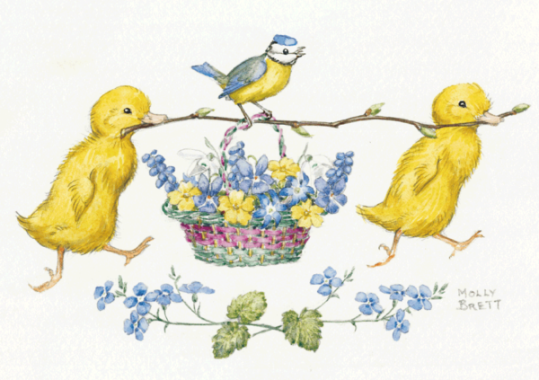 Two Ducklings and Blue Tit with Basket of Flowers 
