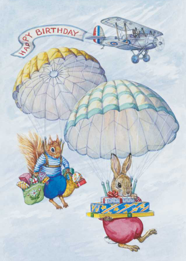 Rabbit and Squirrel parachuting with presents 