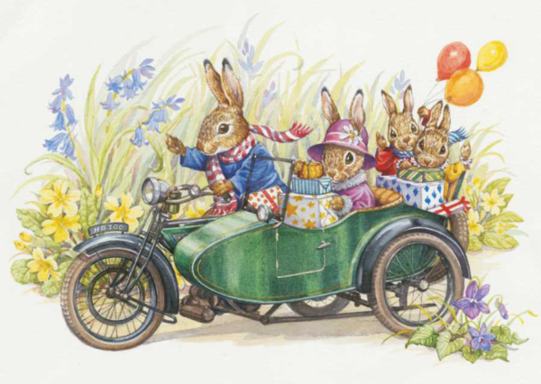 Rabbit Family riding in Motorcycle and sidecar 