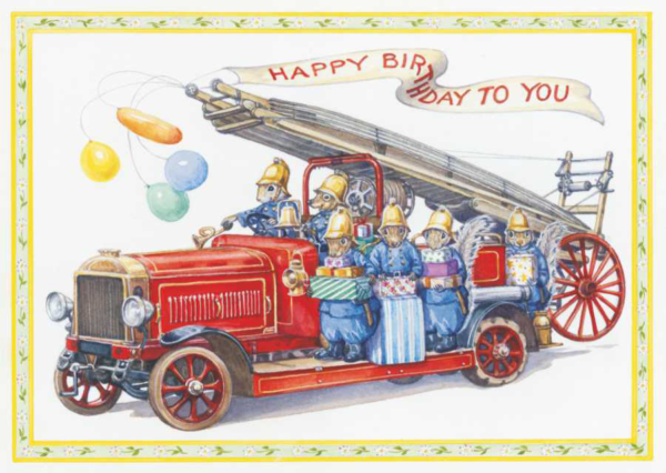 Fire engine with squirrel firemen with presents 