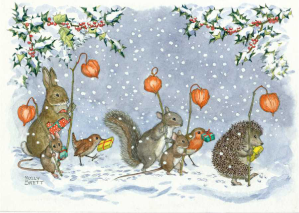 Animals with Chinese lanterns carrying presents 
