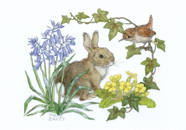 Rabbit and wren with bluebells and primroses 