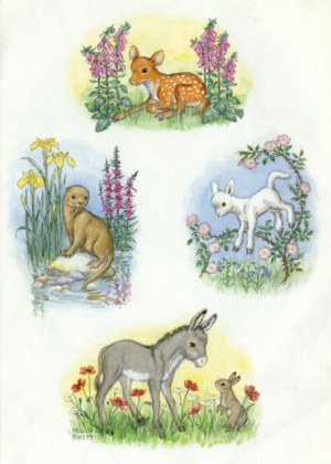 Composite design with fawn, otter, lamb and donkey 